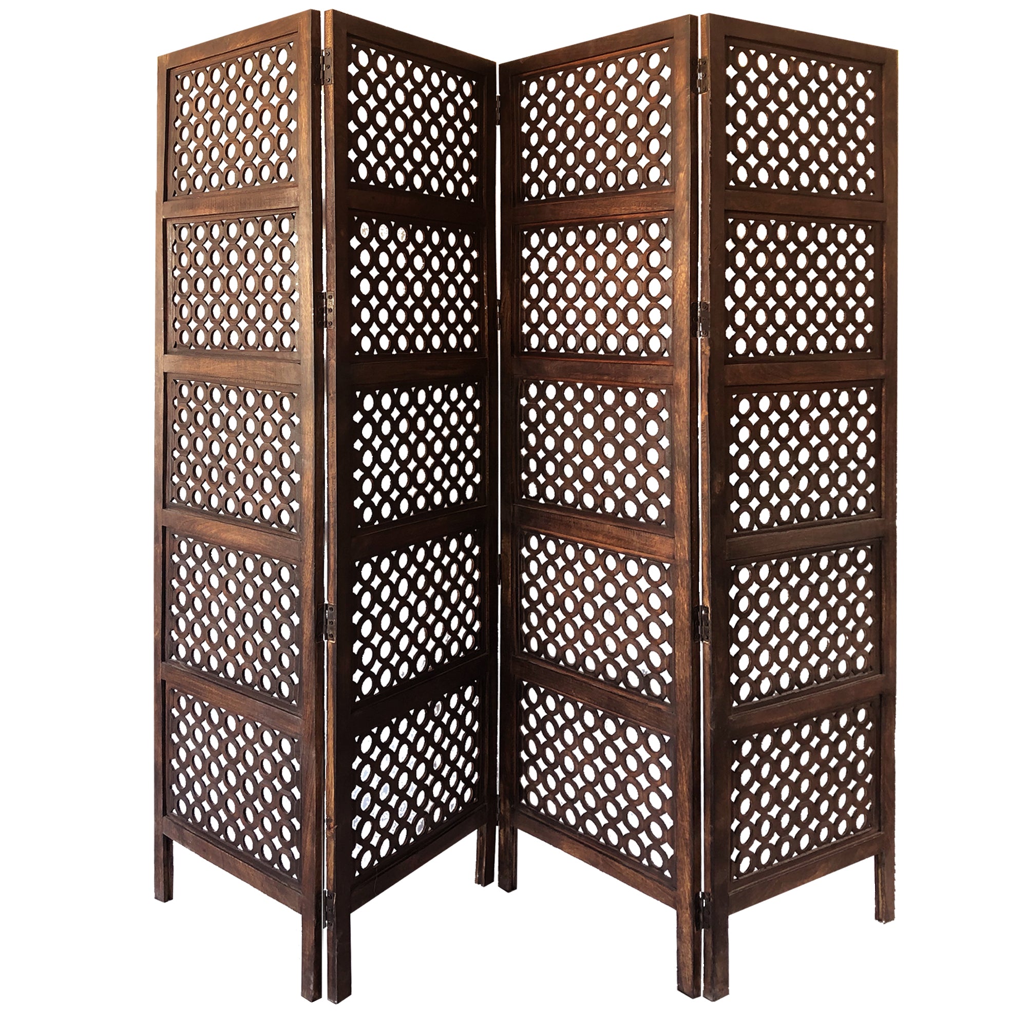 Decorative Four Panel Mango Wood Hinged Room Divider with Circular Cutout Design, Brown-zoom-1