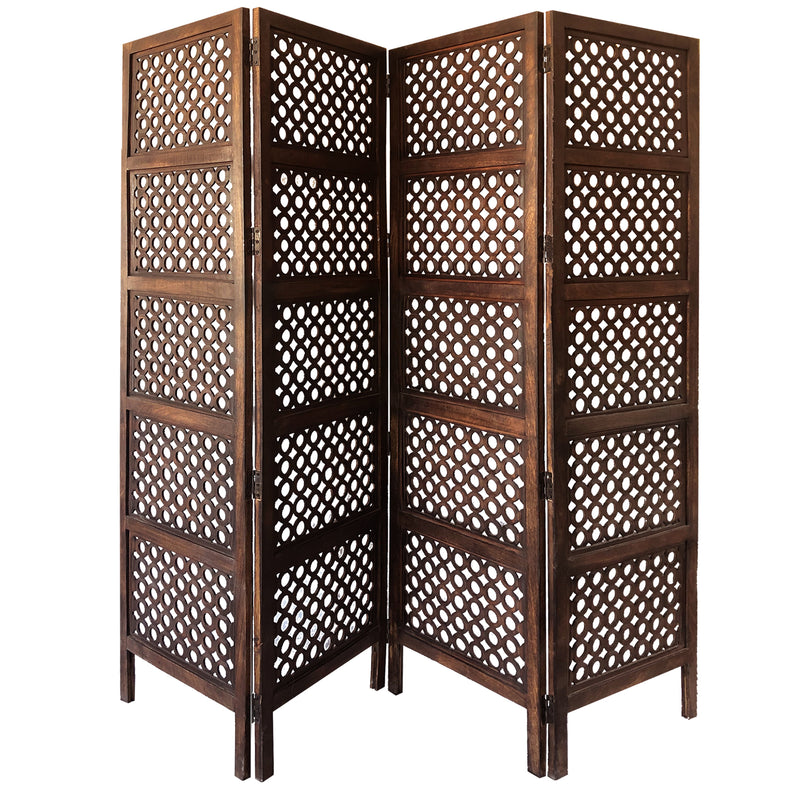 Decorative Four Panel Mango Wood Hinged Room Divider with Circular Cutout Design, Brown-zoom-