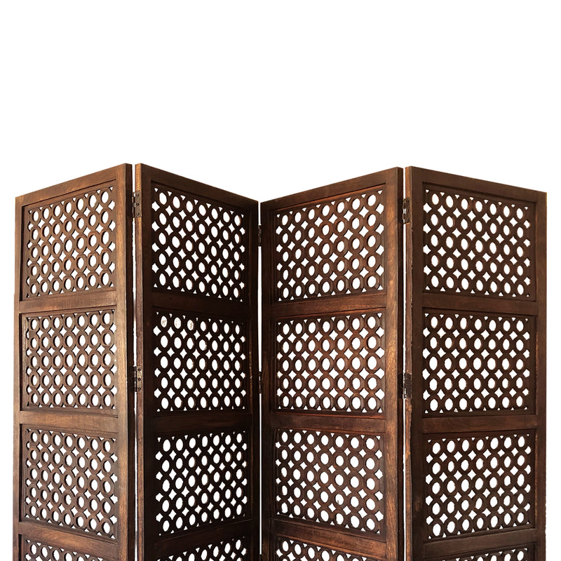 Decorative Four Panel Mango Wood Hinged Room Divider with Circular Cutout Design, Brown-zoom-