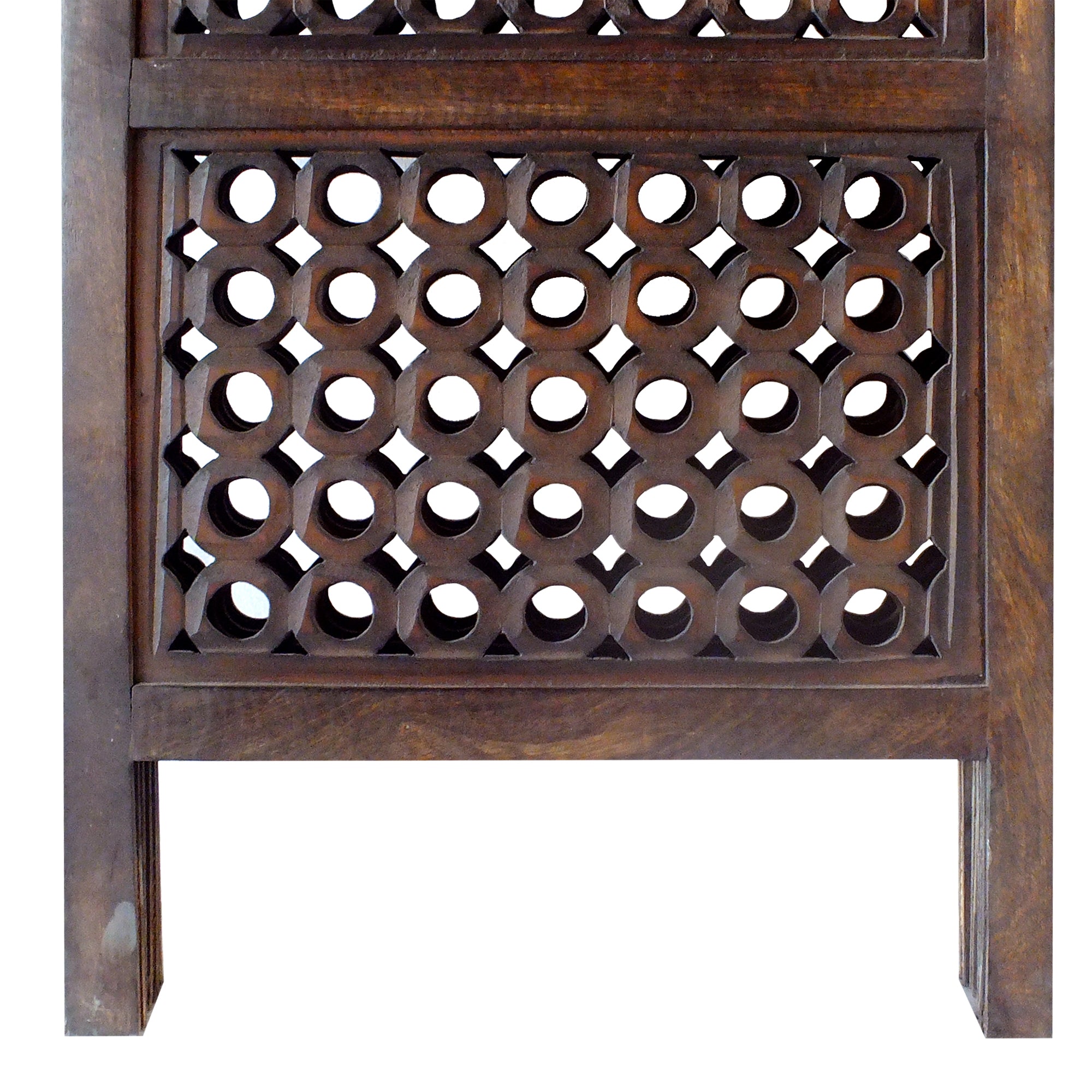 Decorative Four Panel Mango Wood Hinged Room Divider with Circular Cutout Design, Brown-zoom-3