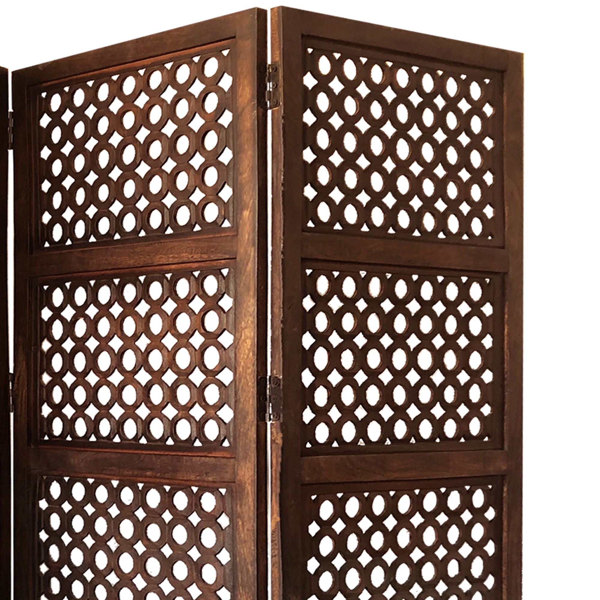 Decorative Four Panel Mango Wood Hinged Room Divider with Circular Cutout Design, Brown-zoom-4