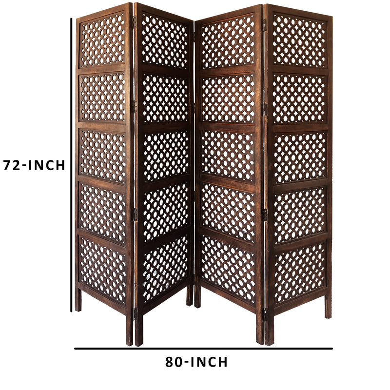 Decorative Four Panel Mango Wood Hinged Room Divider with Circular Cutout Design, Brown-zoom-