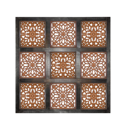 Decorative Mango Wood Wall Panel With Cutout Flower Pattern Brown