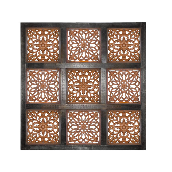 Decorative Mango Wood Wall Panel With Cutout Flower Pattern Brown