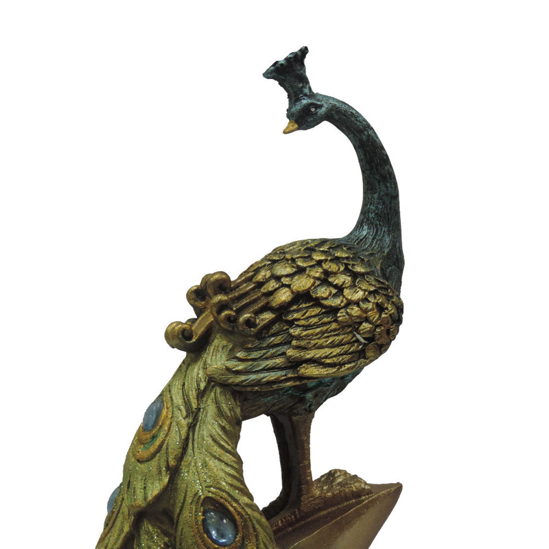 Polystone Decorative Peacock Figurine With Block Stand Green And Gold-zoom-