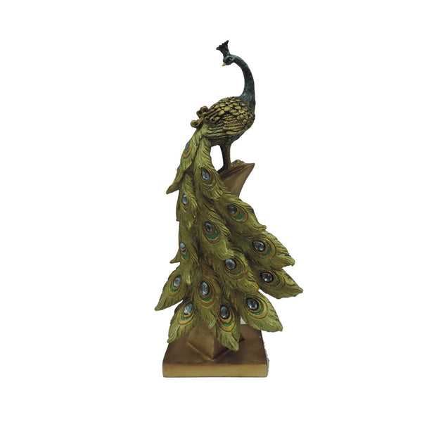 Polystone Decorative Peacock Figurine With Block Stand Green And Gold