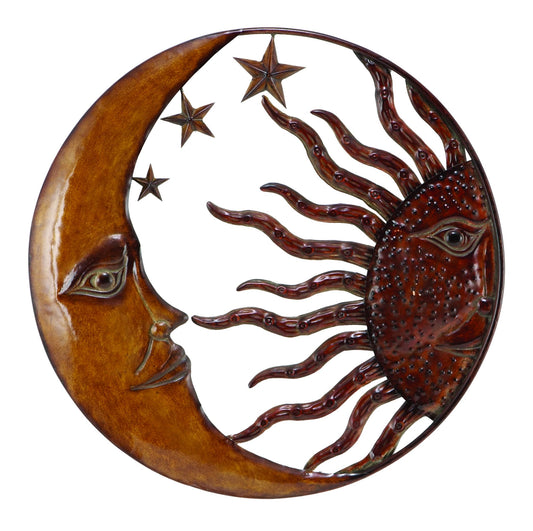 21 Inch Handcrafted Sun And Moon Accent Wall Decor Round Metal Wall Mount Rustic Gold Bronze