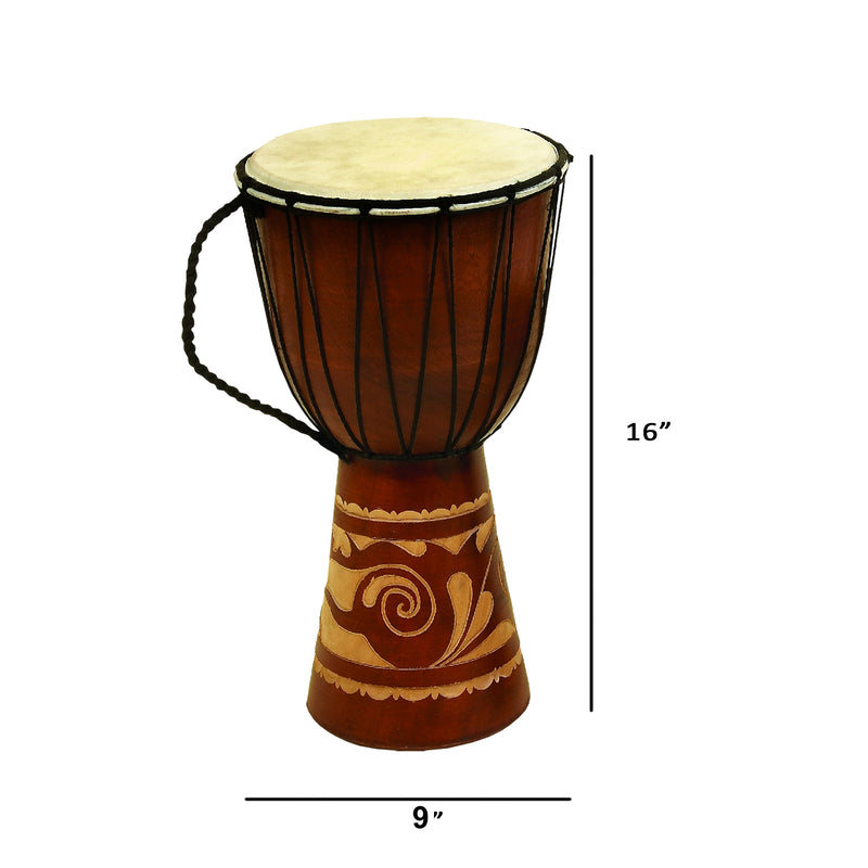 Decorative Wood And Leather Djembe Drum With Side Handle Large Brown And Cream-zoom-