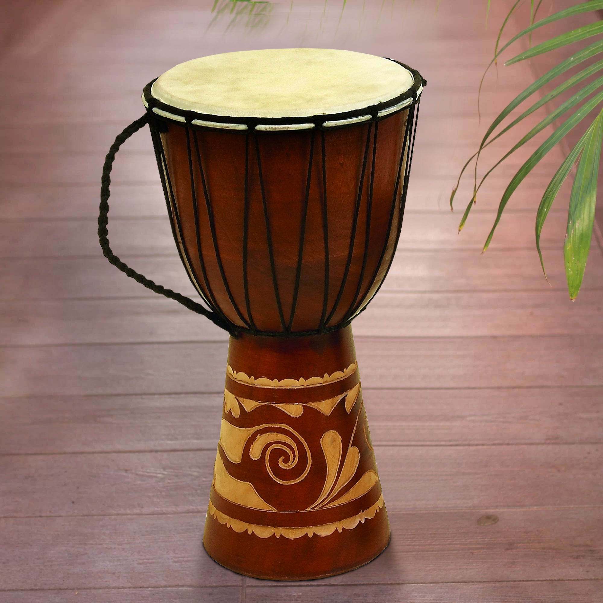 Decorative Wood And Leather Djembe Drum With Side Handle Large Brown And Cream-zoom-5