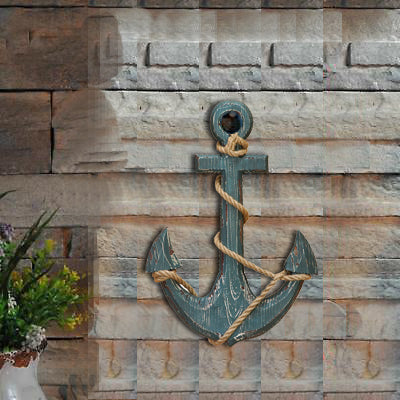 18 Inch Handcrafted Wood Wall Mount Sea Anchor And Rope Accent Decor Distressed Blue-zoom-