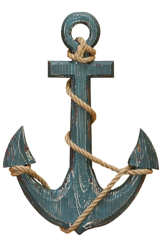 18 Inch Handcrafted Wood Wall Mount Sea Anchor And Rope Accent Decor Distressed Blue