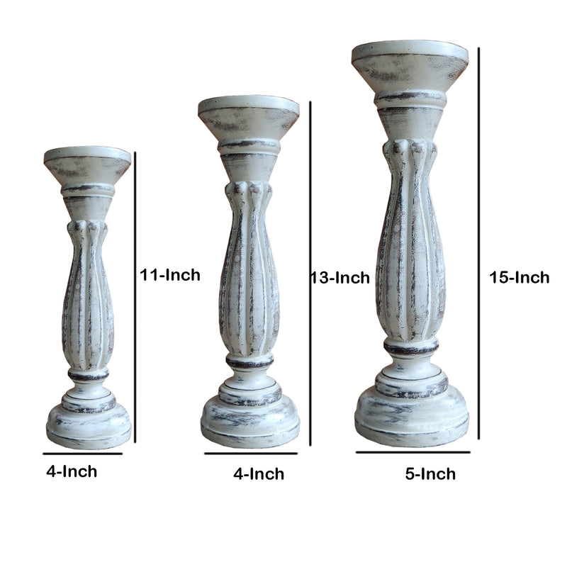 Handmade Wooden Candle Holder With Pillar Base Support Distressed White Set Of 3-zoom-