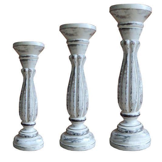 Handmade Wooden Candle Holder With Pillar Base Support Distressed White Set Of 3