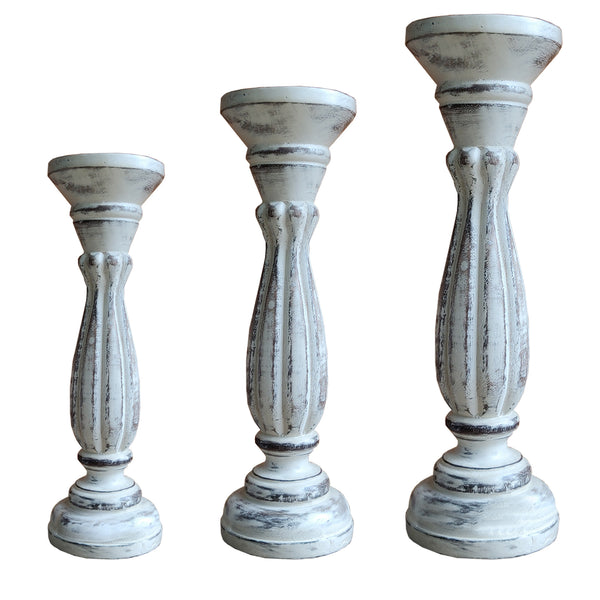 Handmade Wooden Candle Holder With Pillar Base Support Distressed White Set Of 3