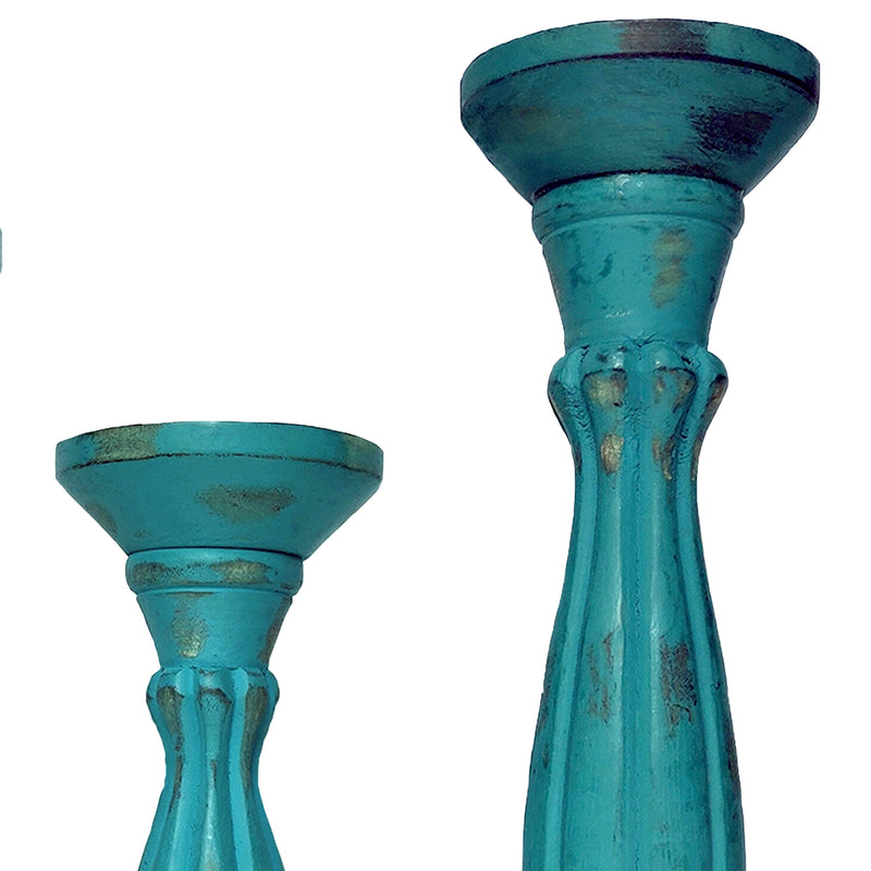 Handmade Wooden Candle Holder With Pillar Base Support Turquoise Blue Set Of 3-zoom-