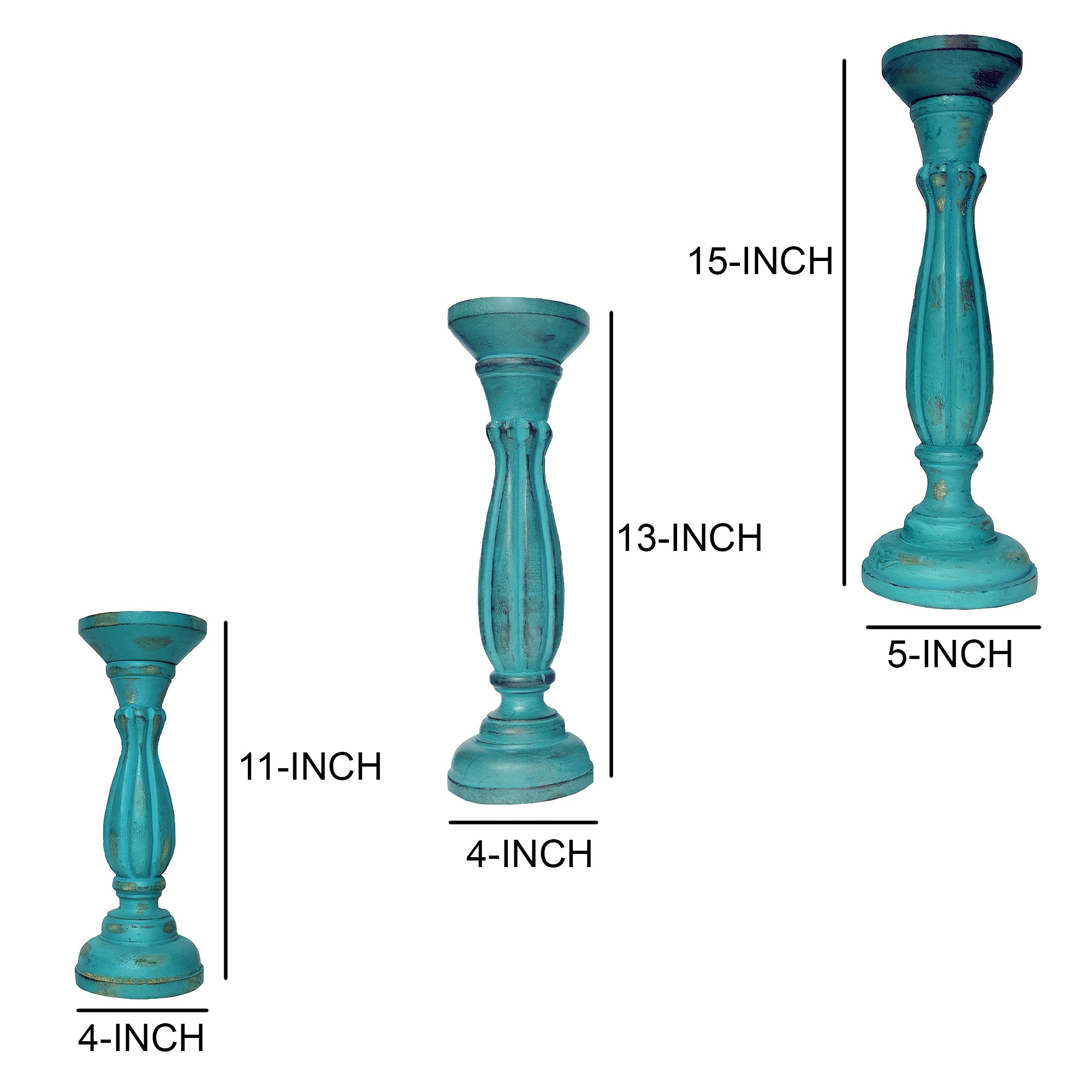 Handmade Wooden Candle Holder With Pillar Base Support Turquoise Blue Set Of 3-zoom-5