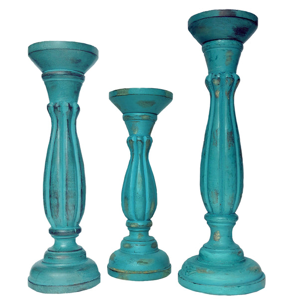 Handmade Wooden Candle Holder With Pillar Base Support Turquoise Blue Set Of 3