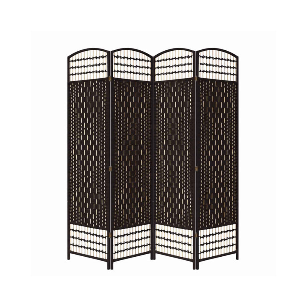 67 Inch 4 Panel Room Divider Screen, Wood, Paper Straw, Arched Top, Espresso Brown