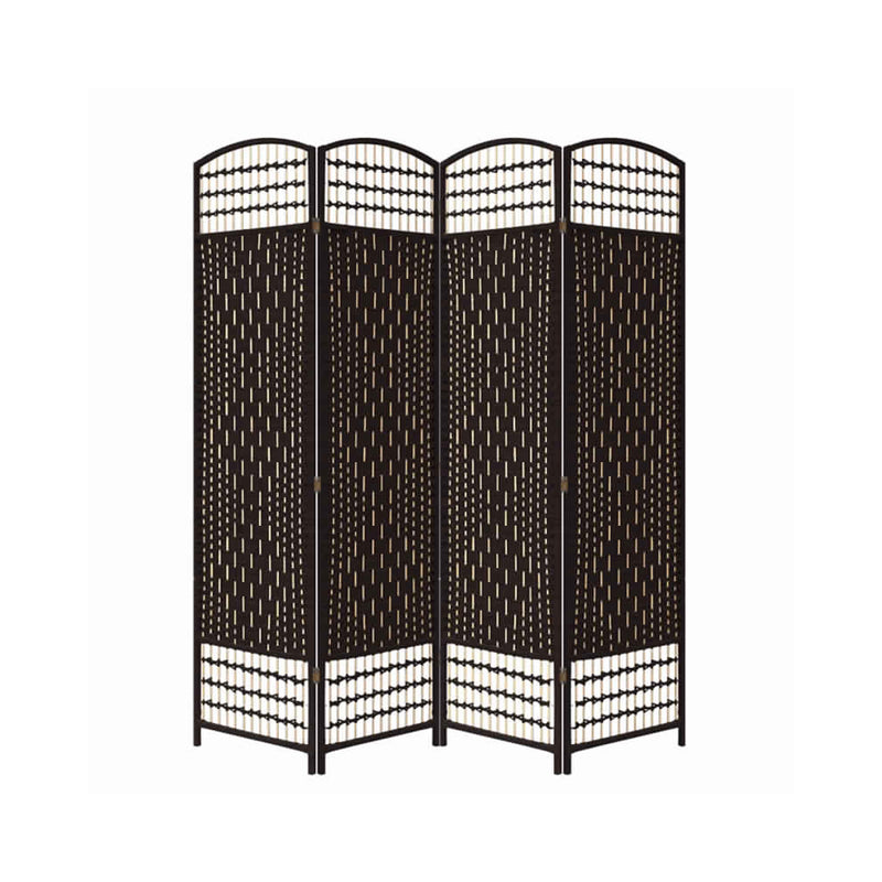 67 Inch 4 Panel Room Divider Screen, Wood, Paper Straw, Arched Top, Espresso Brown-zoom-