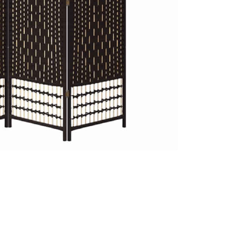 67 Inch 4 Panel Room Divider Screen, Wood, Paper Straw, Arched Top, Espresso Brown