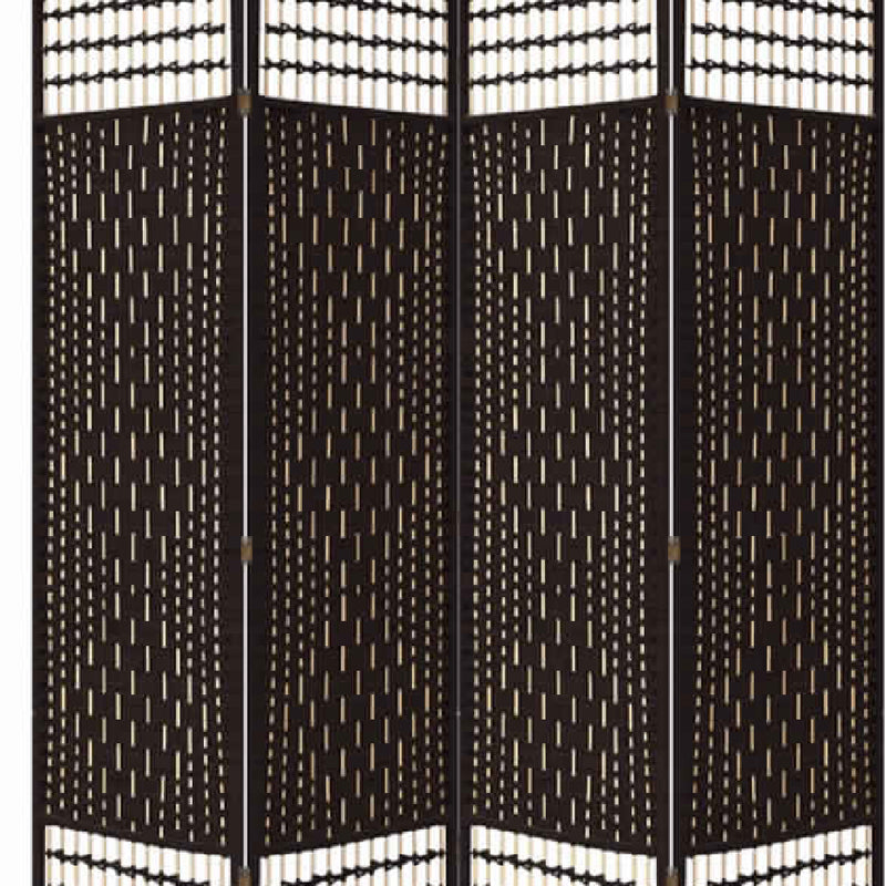67 Inch 4 Panel Room Divider Screen, Wood, Paper Straw, Arched Top, Espresso Brown-zoom-