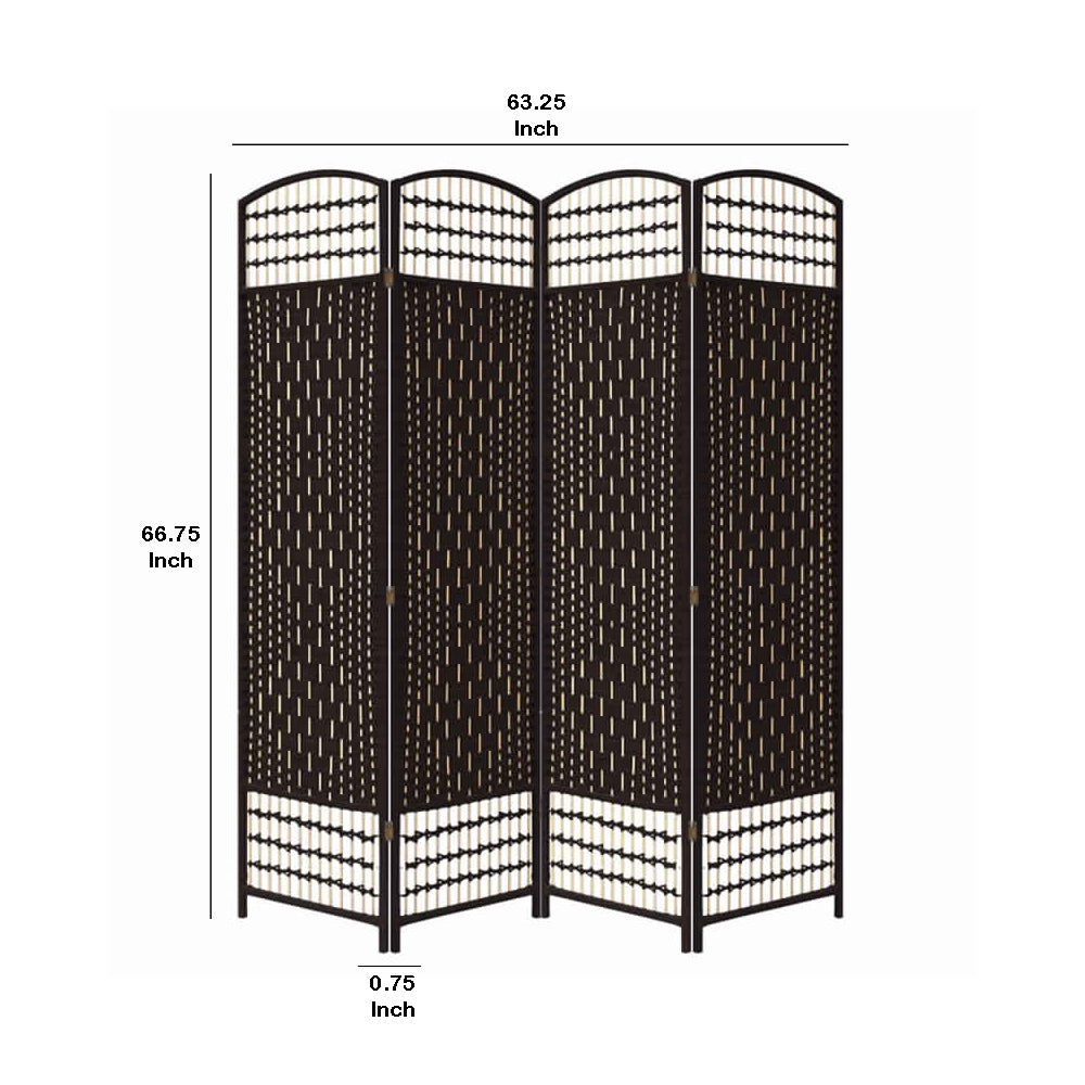 67 Inch 4 Panel Room Divider Screen, Wood, Paper Straw, Arched Top, Espresso Brown-zoom-5