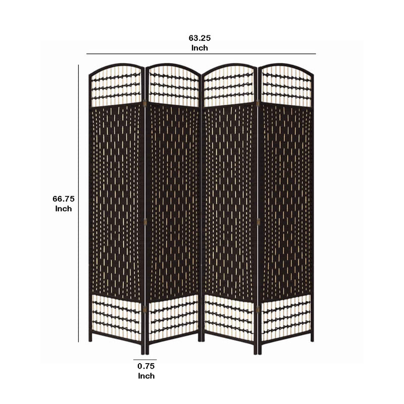 67 Inch 4 Panel Room Divider Screen, Wood, Paper Straw, Arched Top, Espresso Brown-zoom-