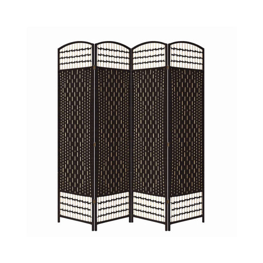 67 Inch 4 Panel Room Divider Screen, Wood, Paper Straw, Arched Top, Espresso Brown