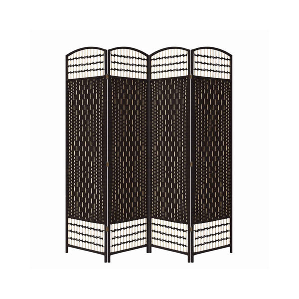 67 Inch 4 Panel Room Divider Screen, Wood, Paper Straw, Arched Top, Espresso Brown