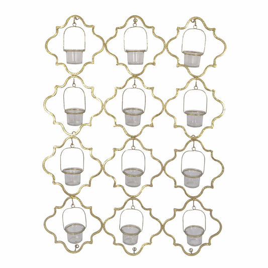 30 Inch Metal Wall Mount Candleholder Glass Quatrefoil Design Gold