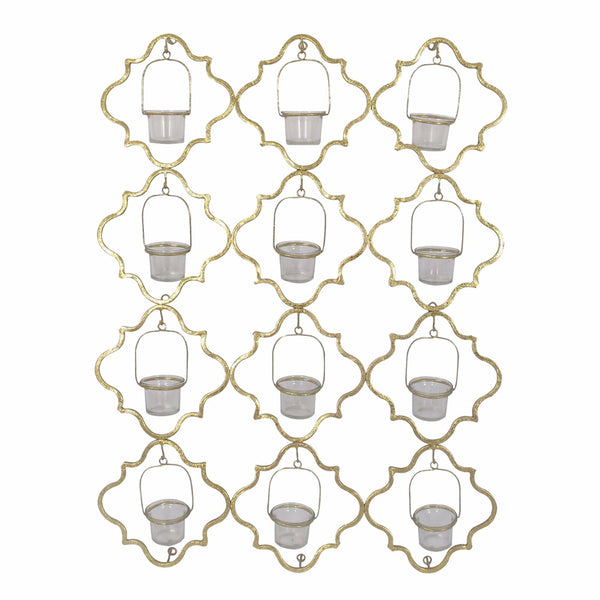 30 Inch Metal Wall Mount Candleholder Glass Quatrefoil Design Gold