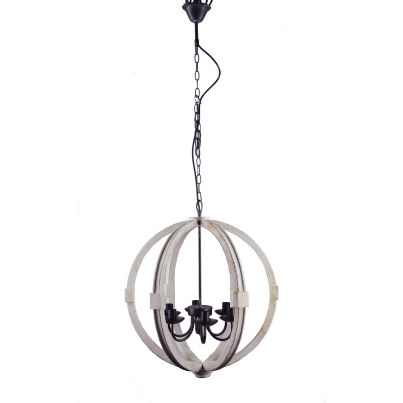 Calder Wooden Orb Shape Chandelier With Metal Chain And Six Bulb Holders White-zoom-