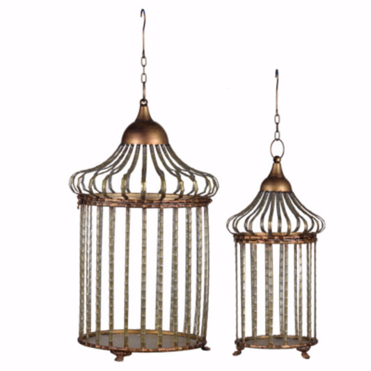 Caged Metal Frame Lantern set Of 2 Brass