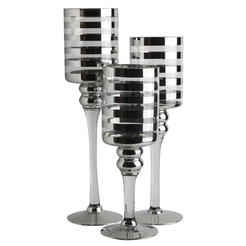Round Stripe Pattern Glass Candle Holder With Pedestal Base Set Of Three Silver-zoom-