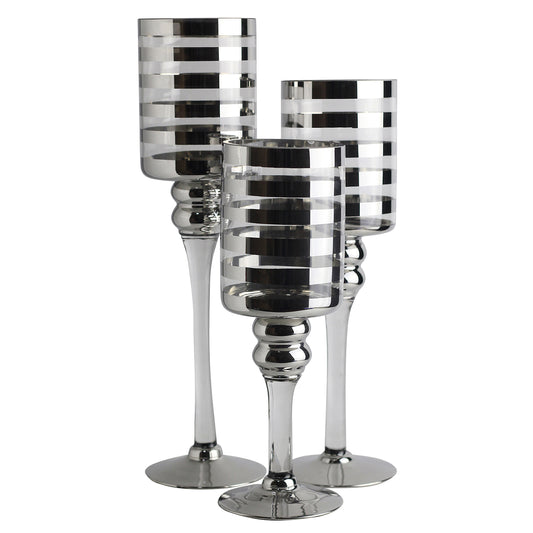 Round Stripe Pattern Glass Candle Holder With Pedestal Base Set Of Three Silver