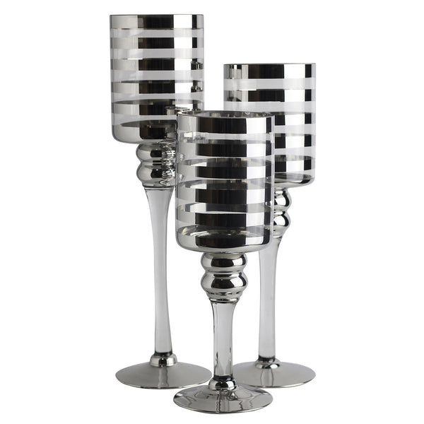Round Stripe Pattern Glass Candle Holder With Pedestal Base Set Of Three Silver