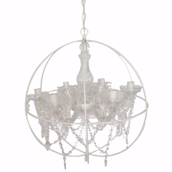 Round Cage Styled Metal Chandelier With Crystal Hangings White And Clear