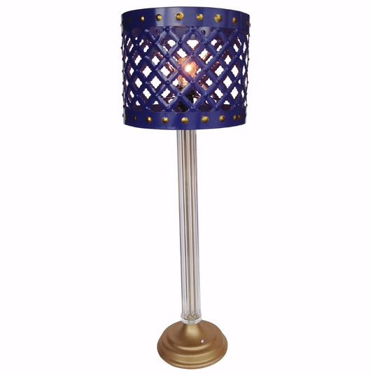 Metal Table Lamp With Cutout Patterned Drum Shade Blue