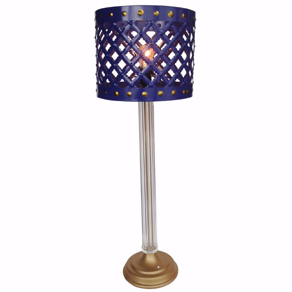 Metal Table Lamp With Cutout Patterned Drum Shade Blue