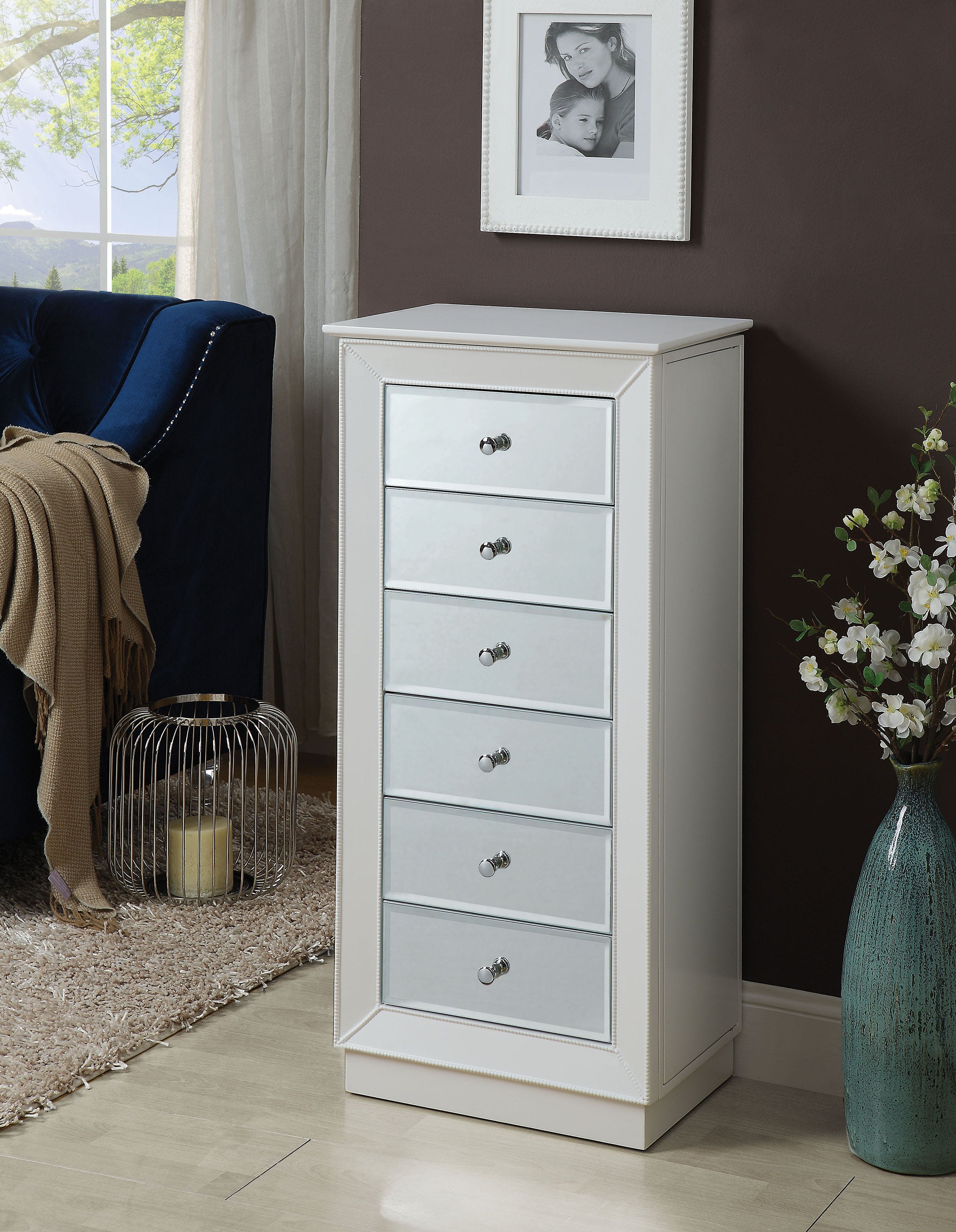 Wood Jewelry Armoire Having 6 Drawers with Mirror Front White