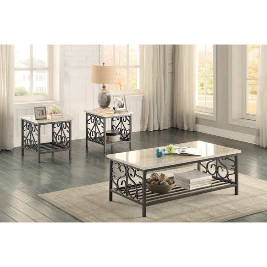 3 Piece Faux Marble Top Table Set With Decorative Metal Frame Cream & Gray