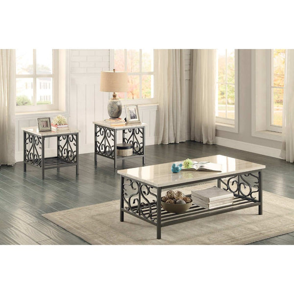 3 Piece Faux Marble Top Table Set With Decorative Metal Frame Cream & Gray
