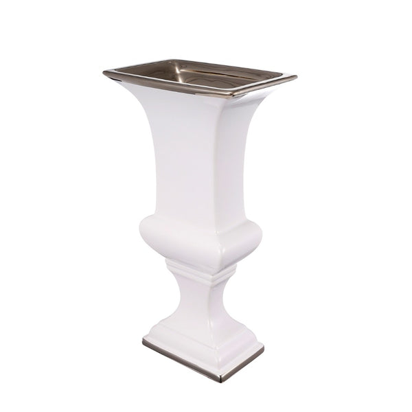 Ceramic Decorative Urn With Rectangular Opening Small White & Silver