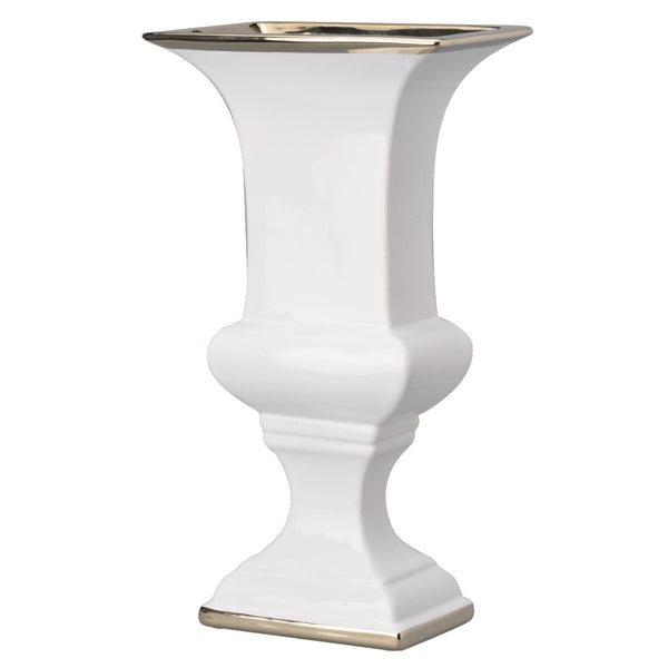 Ceramic Decorative Urn With Rectangular Opening Large White & Silver