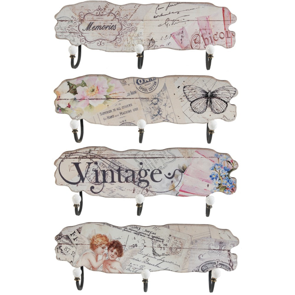 Vintage Mdf And Metal Wall Decor With 3 Hooks Multicolor Set Of 4