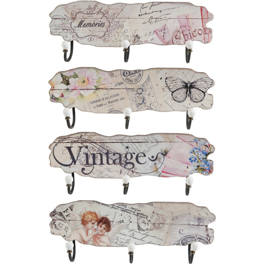 Vintage Mdf And Metal Wall Decor With 3 Hooks Multicolor Set Of 4