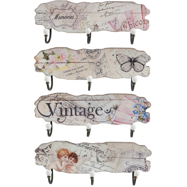 Vintage Mdf And Metal Wall Decor With 3 Hooks Multicolor Set Of 4