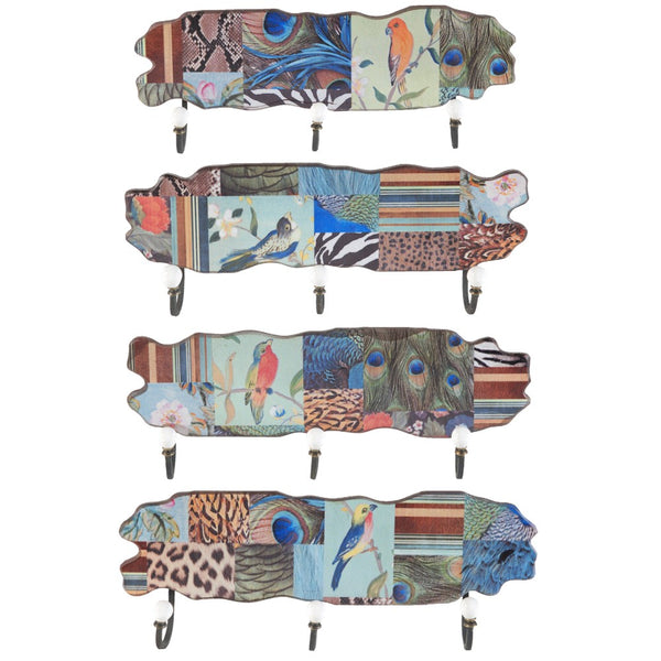 Aesthetic MDF And Metal Wall Decor With 3 Hooks Multicolor Set Of 4