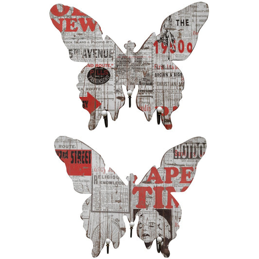 Newspaper Patterned Mdfand Metal Wall Decor With 3 Hooks Multicolor Set Of 2
