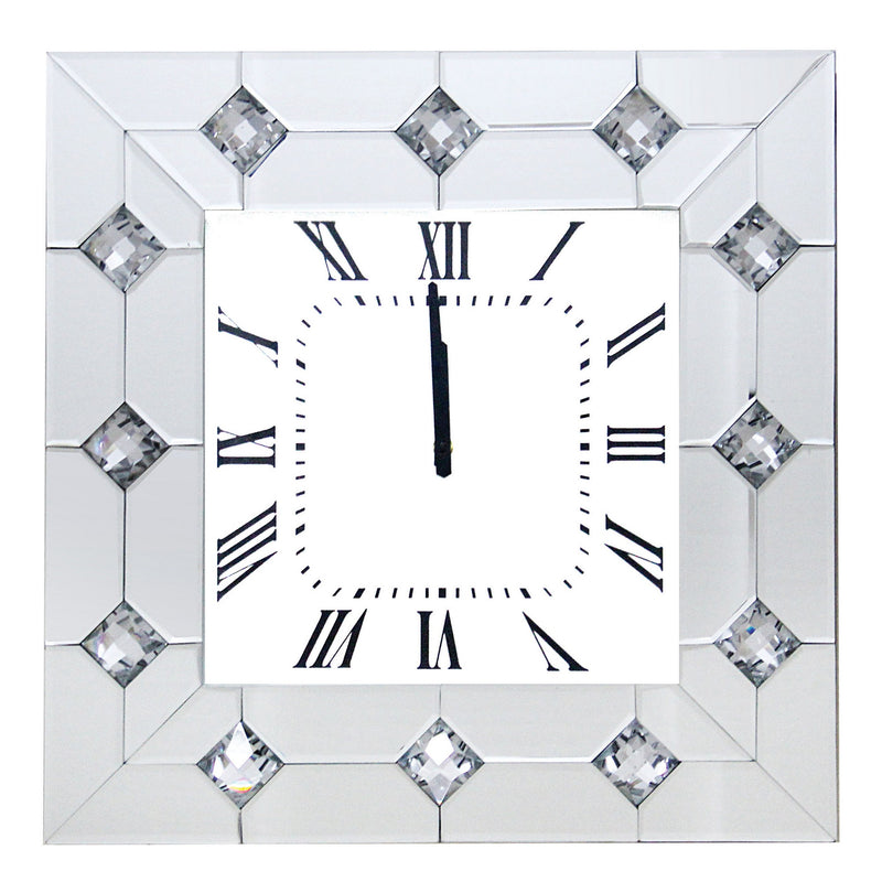 Mirrored Square Shape Wooden Analog Wall Clock With Crystal Accents White-zoom-